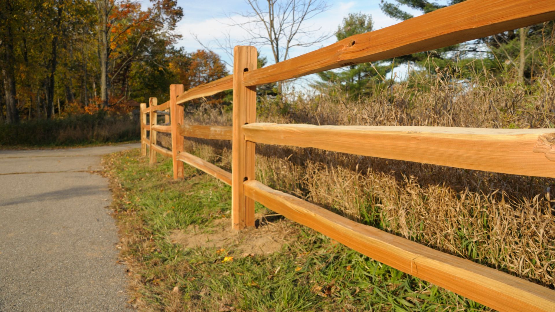 Wooden fence along rural road with autumn trees and grass