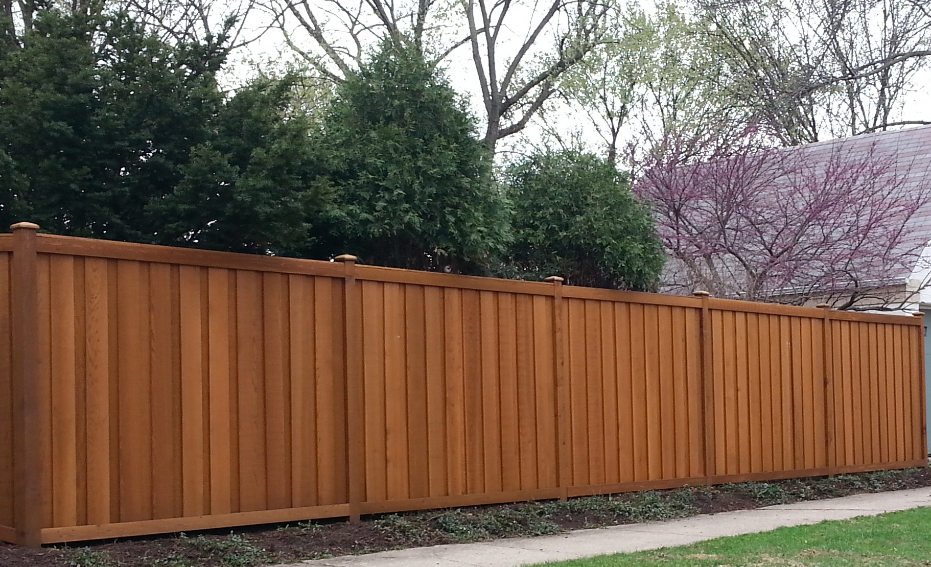 Wooden privacy fence with vertical boards against trees and landscaping