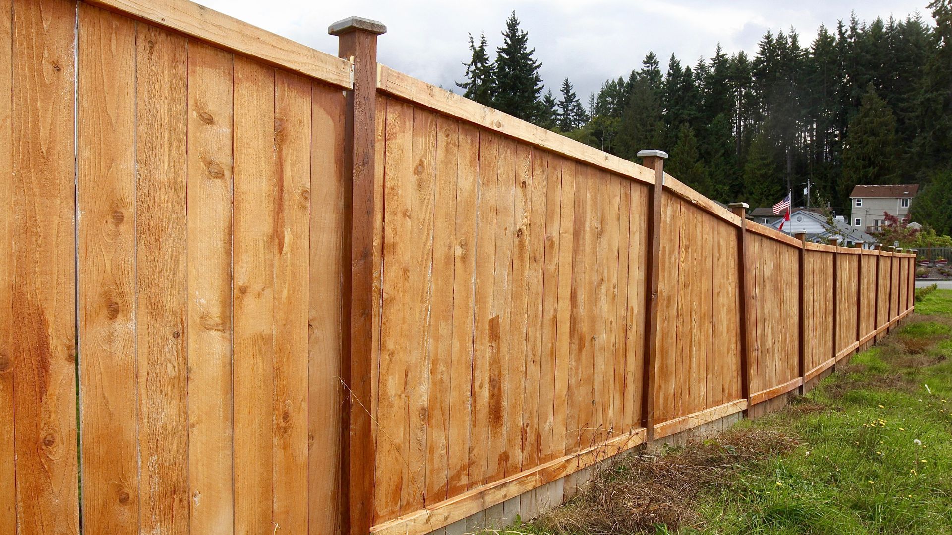 Wooden fence extending along grassy area with pine trees in background