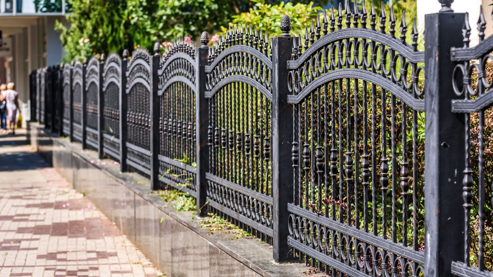 Ornate black metal fence with intricate patterns along a leafy sidewalk